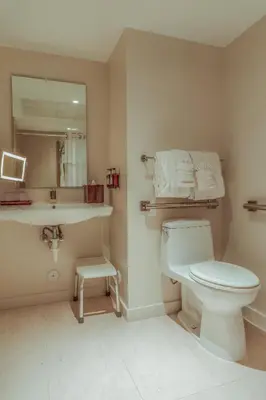 a bathroom with a toilet and a sink and a mirror at Iberostar Waves Miami Beach in Miami Beach