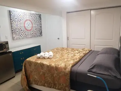 a bedroom with a bed with three white balls on it at 1161 Studio 2 Main Miami in Miami