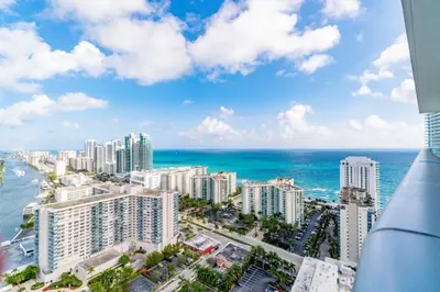 an aerial view of a city and the ocean at Hyde Beach House Luxury Condo-Resort condo in Hollywood Beach