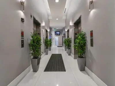 a hallway with a row of potted plants in a building at Spectacular apartment in Heart of Brickell in Miami