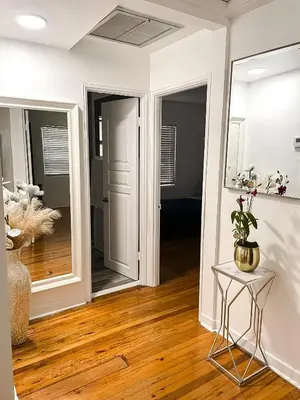 a hallway with white walls and a table with a plant at Hammocks & mini-golf! 10 mins from Beach! in Hollywood