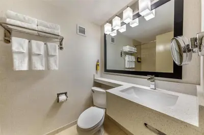 a bathroom with a toilet and a sink and a mirror at Best Western Plus North Miami-Bal Harbour in North Miami