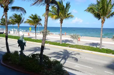 a street with palm trees and a dolphin statue next to the beach at Sea Club Ocean Resort in Fort Lauderdale