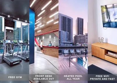 a collage of four pictures of a room with a city at Beachwalk Resort Hallandale Ocean and Canal View Apartments 5 Min from the Beach in Hallandale Beach