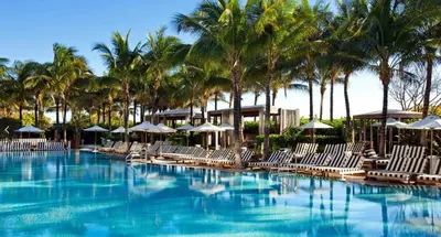 a pool with chairs and umbrellas and palm trees at W SOUTH BEACH Residences Private King Studio in Miami Beach