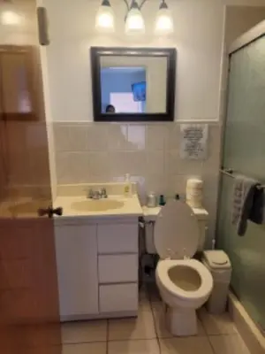a bathroom with a toilet and a sink and a mirror at Welcome Heart and Reliable Heart Vacation Houses in Miami