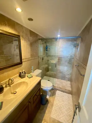 a bathroom with a shower and a sink and a toilet at Large luxurious direct ocean front Penthouse or Deluxe 1 BR ocean front condo-Beach access- Free parking- Remodeled in Miami Beach