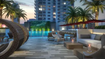 a rendering of a hotel patio with chairs and tables at Global Luxury Suites Miami Worldcenter in Miami