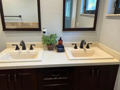 two sinks in a bathroom with two mirrors at 3 Bed - Sleeps 6 - Free Parking - 5 Mins to Beach in Hollywood