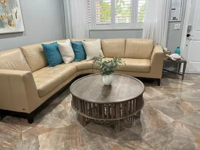 a living room with a couch and a coffee table at 3 Bed - Sleeps 6 - Free Parking - 5 Mins to Beach in Hollywood