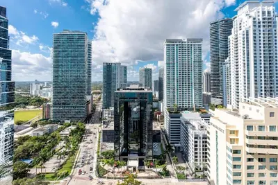 an aerial view of a city with tall buildings at Beautiful 3 bedroom apartment in Brickell Miami in Miami