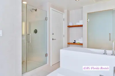 a bathroom with a shower and a sink at Stylish 1 BR at Fort Lauderdale in Fort Lauderdale