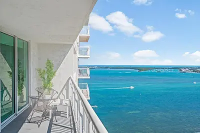 a balcony with a view of the ocean at Luxurious Condo with PARKING in Brickell Miami in Miami