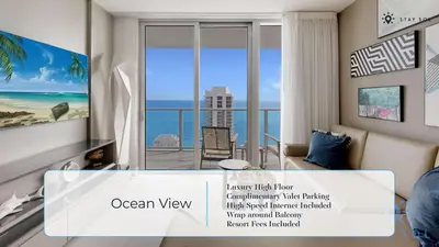 a rendering of a living room with a view of the ocean at High Floor 2BR -2 BA - Resort Fees & Parking Incl in Hollywood
