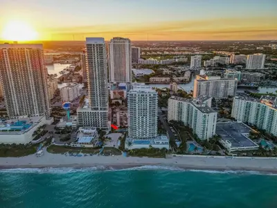 an aerial view of a city with tall buildings at Great apartment in Hollywood with side ocean view! Direct access to the beach! 14th floor in Hollywood