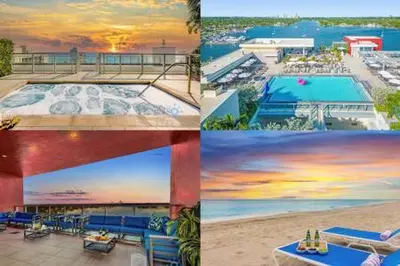 a collage of four pictures of a pool and a beach at Lovely Apartment-Rooftop Oasis - Bay View in Hollywood