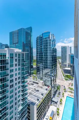 an aerial view of a city with tall buildings at Bright and Cozy 2BR at Brickell, Free Parking in Miami