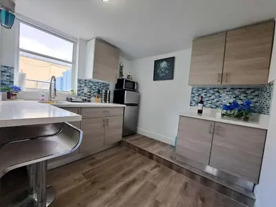 a kitchen with wooden cabinets and a large window at Relax 521- at the side in Miami