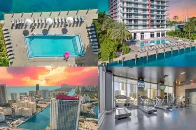 a collage of photos of a hotel with a pool at BeachWalk Resort, Views, Balcony, Studio in Hallandale Beach
