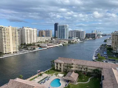 a view of a river in a city with buildings at Chic Beach Studio Walk to Shore Sleeps 4 -14B in Hallandale Beach