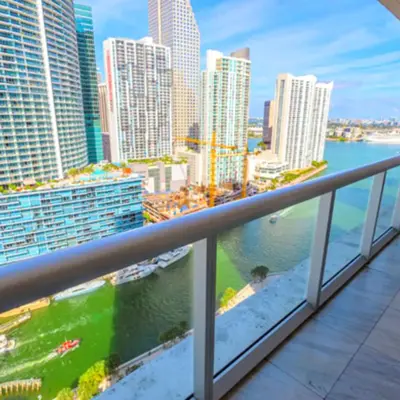 a view of a city skyline from a balcony at Vacation Apartment for Couples in Miami in Miami