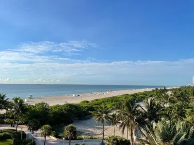 a view of a beach with palm trees and the ocean at Beachfront Apt in Carlyle Hotel on Ocean Drive in Miami Beach