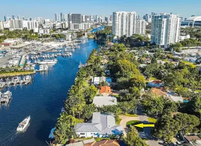 an aerial view of a marina with buildings at Modern Northwest Vacation Rentals in Miami in Miami
