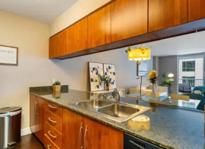 a kitchen with a sink and a living room at Modern Vacation Apartment in Miami in Miami
