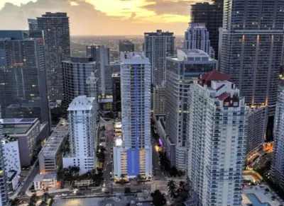a view of a city skyline with tall buildings at Modern Vacation Apartment in Miami in Miami