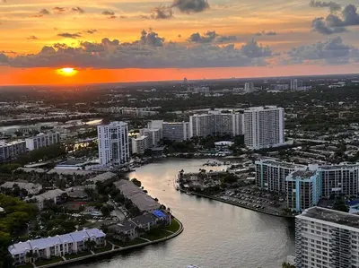 an aerial view of a city with a river and buildings at Ocean View Beachfront 2Bed/2B M-Penthouse @HYDE in Hollywood