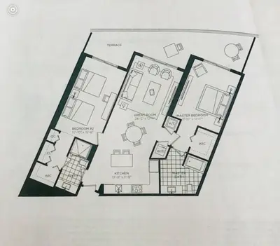 a drawing of a floor plan of a house at Ocean View Beachfront 2Bed/2B M-Penthouse @HYDE in Hollywood