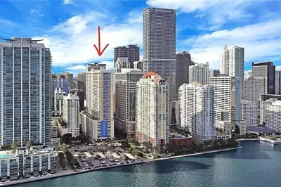 a view of a city with a red arrow at Miami condo with city & ocean views! Sleep up to 6! in Miami