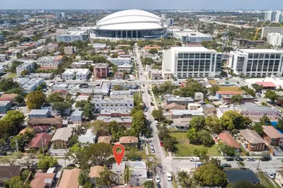 an aerial view of a city with a large building at Lovely Apartment Near Brickell 3 in Miami