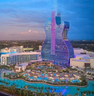 a rendering of a hotel with a guitar shaped building at New 2 Bed Studio Close To Beach & Casino Ha04 in Hollywood