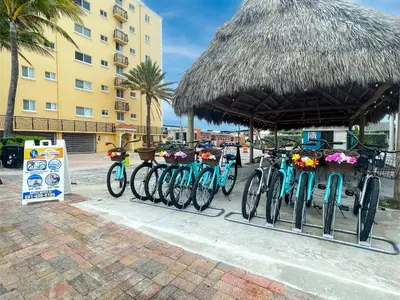 a row of bikes parked under a straw hut at The Starfish in Hollywood