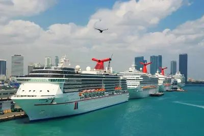 a group of cruise ships docked in a harbor at Chic 2BR Little Havana Apt with Free Parking in Miami