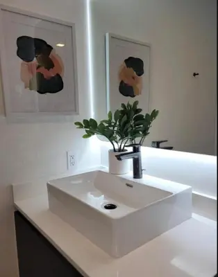 a bathroom with a white sink with a potted plant at Exceptional Studio with King Bed and Queen Sofa-bed in Miami