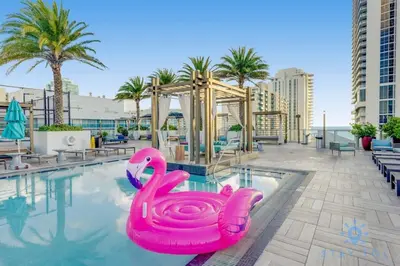 a pink swan in a pool at a hotel at High Floor with Stunning Views, Amazing Pools in Hollywood