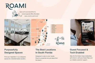 a flyer for a restaurant with a person holding a cell phone at Roami at The Alamac in Miami Beach