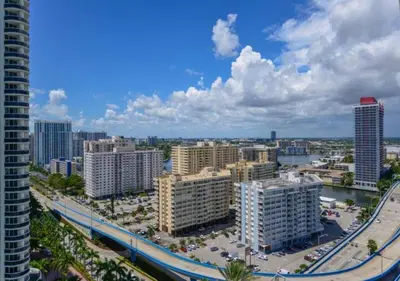 an aerial view of a city with tall buildings at Beachfront Condo with Mesmerizing Views in Hollywood