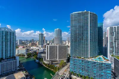 an aerial view of a city with tall buildings at Luxurious Condo at ICON with Views in Miami