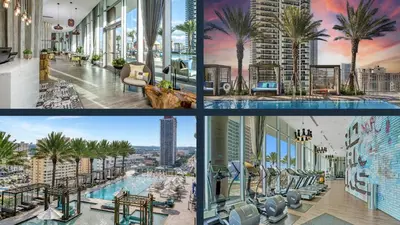 a collage of photos of a hotel with a pool at Ocean View Balcony Beachfront Resort Amazing Pools in Hollywood