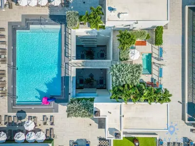 an overhead view of a building with a swimming pool at Front Bay View Terrace Rooftop Pool Near Beach in Hollywood