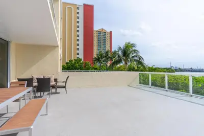 a balcony with a view of a building at Golden Bay 302 in Miami Beach