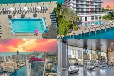 a collage of four pictures of a building with a pool at Upper studio Balcony Pool Gym - Near Beach in Hallandale Beach
