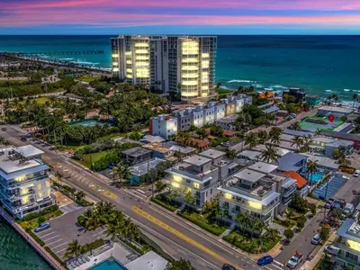 an aerial view of the oceanfront condos at dusk at The Shell on Walnut Studio Hollywood Beach Free Parking in Dania Beach
