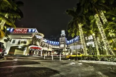 a building with palm trees in front of it at night at Enjoy our brand new home close to Hollywood in Hallandale Beach! in Hallandale Beach