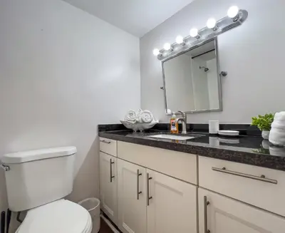 a bathroom with a toilet and a sink with a mirror at Bella Vista - Water views Pool and Parking in Miami Beach
